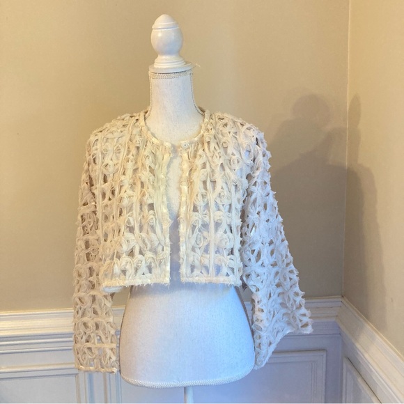 ZARA Cream Open Knit Chiffon Rosette Rose Floral Cropped Jacket Bolero NWT - Picture 11 of 11